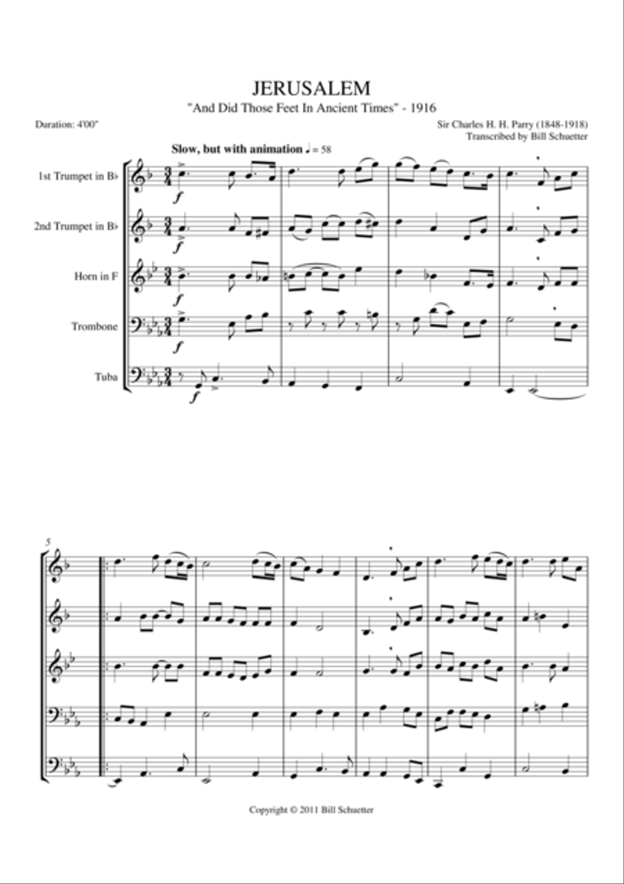 Jerusalem (And Did Those Feet in Ancient Times) Brass Quintet scores gallery preview page 2