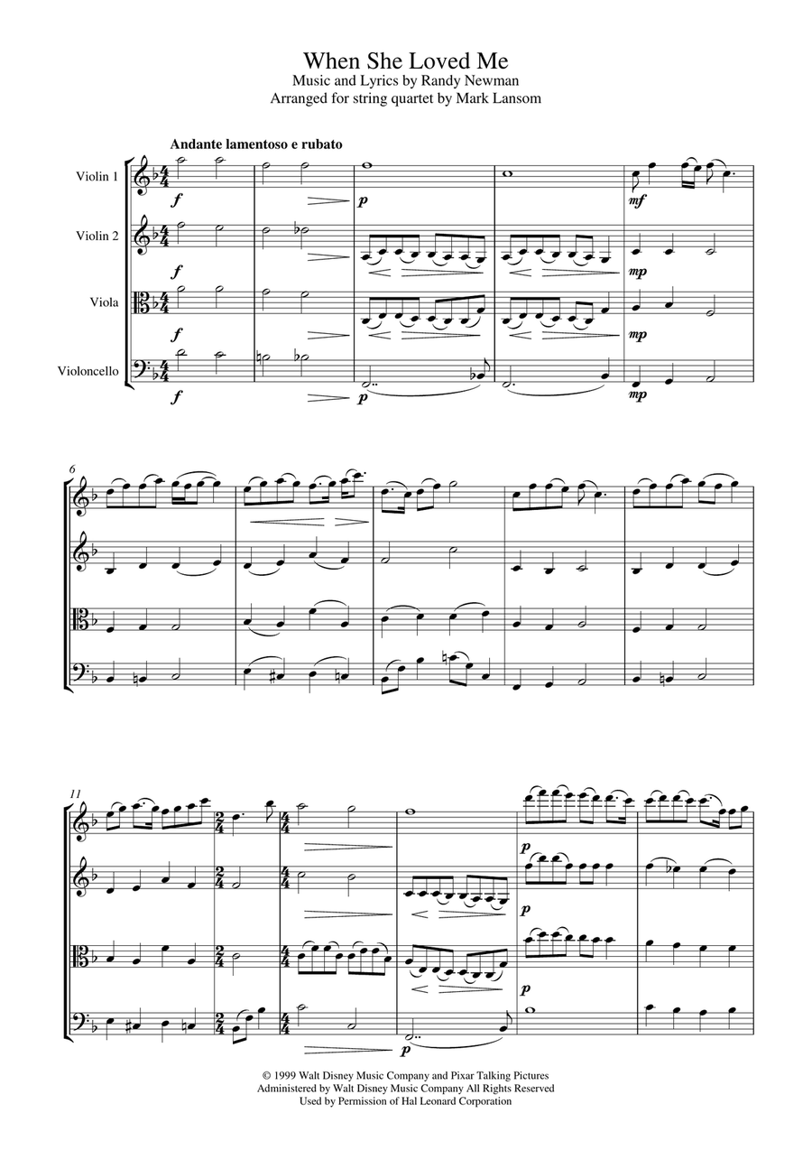When She Loved Me String Quartet scores gallery preview page 1