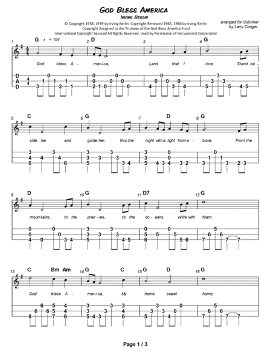 God Bless America Dulcimer scores gallery preview page 2