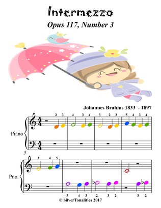 Intermezzo Opus 117 Number 3 Beginner Piano Sheet Music with Colored Notes