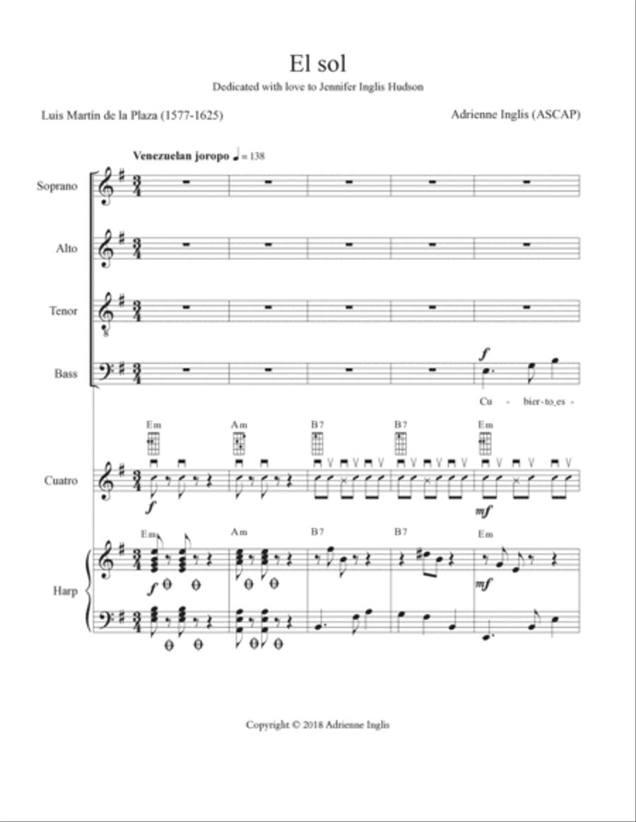 El sol for SATB, pedal or lever harp, cuatro 4-Part scores gallery preview page 3