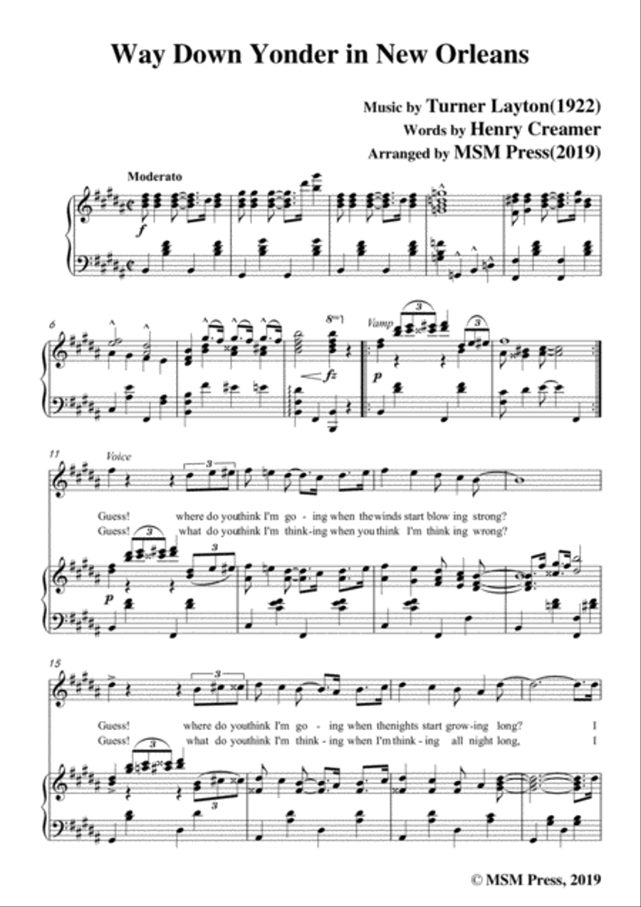 Turner Layton-Way Down Yonder in New Orleans,in B Major,for Voice&Pno Voice scores gallery preview page 3