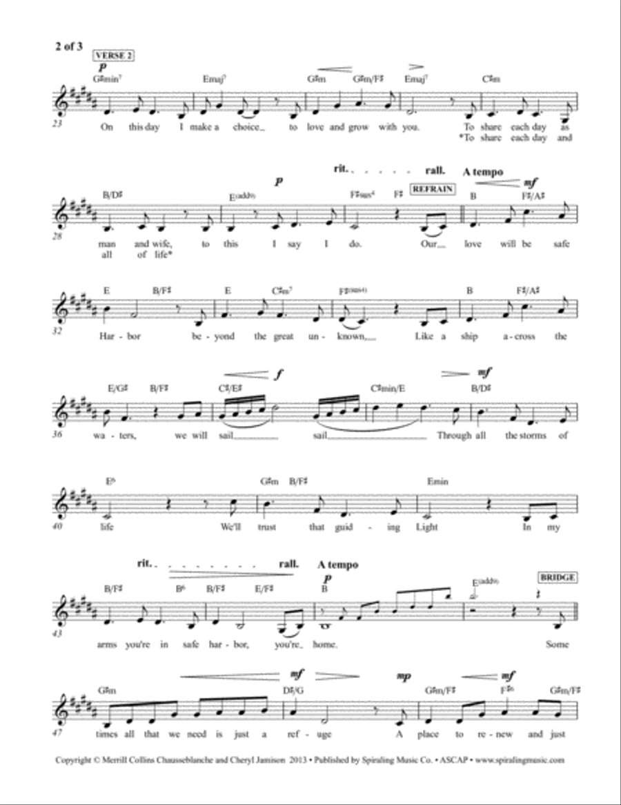 Safe Harbor in B, piano vocal lead sheet Voice scores gallery preview page 2