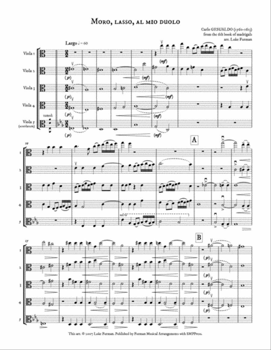Moro, lasso, al mio duolo (Madrigal for Viola Quintet) Choir scores gallery preview page 1