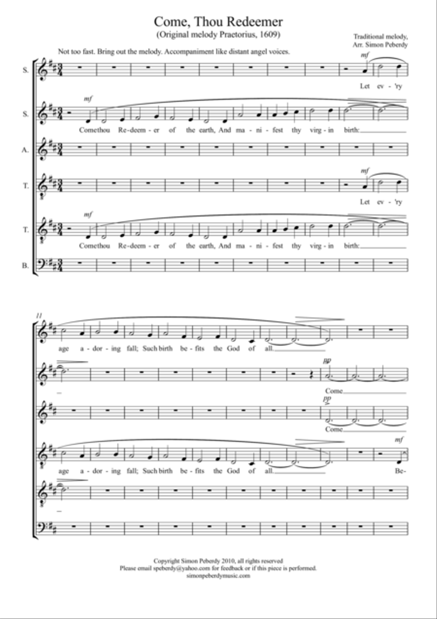 "Come, Thou Redeemer" Advent/Christmas carol for choir SSATTB, traditional arr. Simon Peberdy image number null