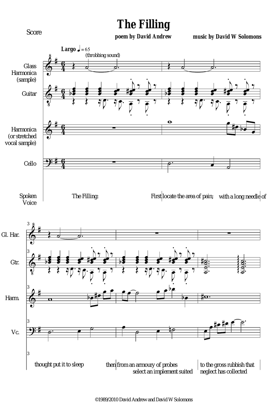 The Filling for spoken voice, cello, classical guitar, glass harmonica and harmonica Small Ensemble scores gallery preview page 1