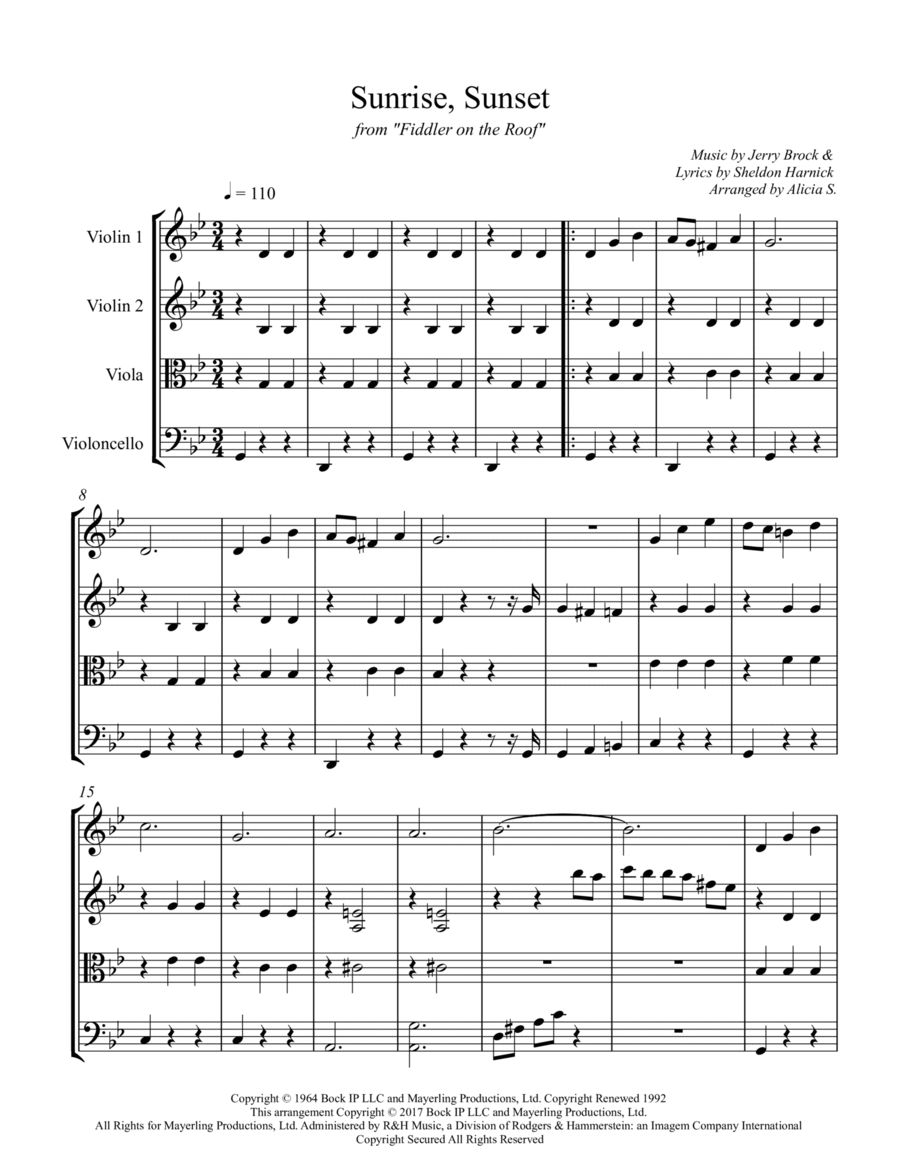 Sunrise, Sunset String Quartet scores gallery preview page 1