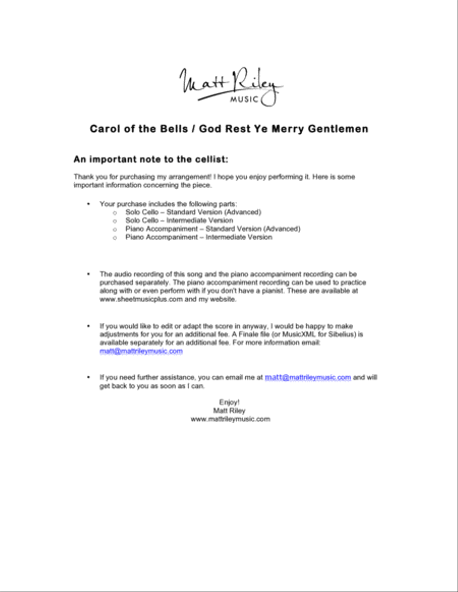 Carol of the Bells / God Rest Ye Merry Gentlemen - Cello and Piano Duet Piano Accompaniment scores gallery preview page 2