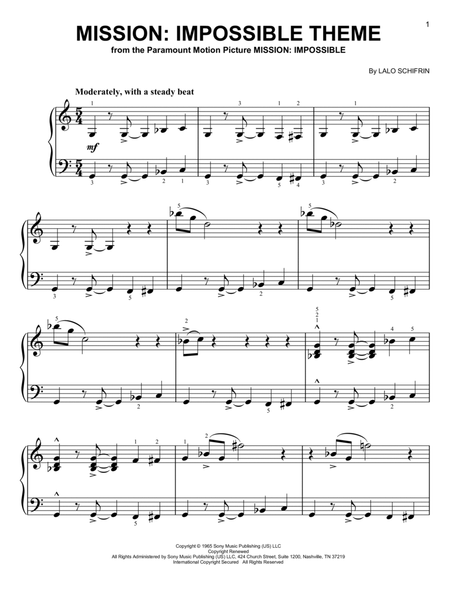 Mission: Impossible Theme Easy Piano scores gallery preview page 1