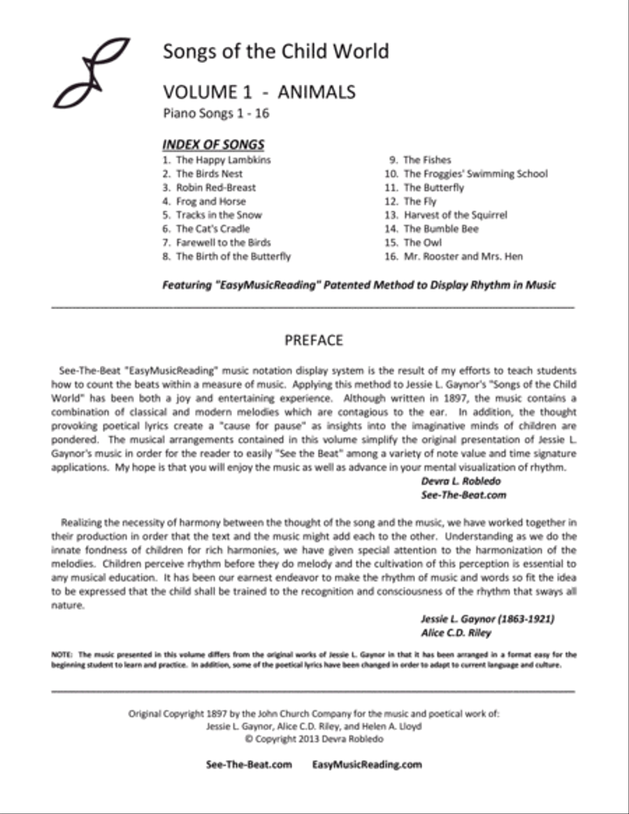 Songs of the Child World Volume 1 - Animals Piano Method scores gallery preview page 2