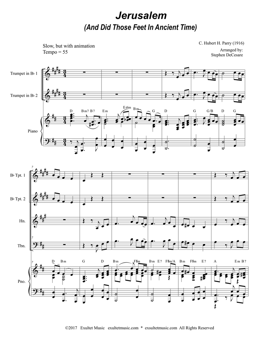 Jerusalem (Brass Quartet and Piano) Brass Quartet scores gallery preview page 1