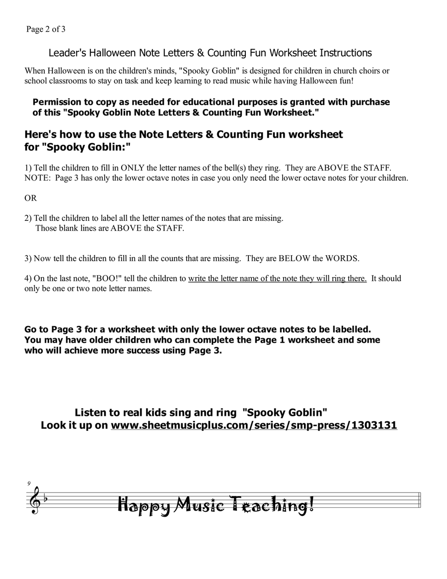 Spooky Goblin, a Halloween Sing & Ring Practice Sheet for Note Letter Names & Counting (3 Pages) Handbell Choir scores gallery preview page 2
