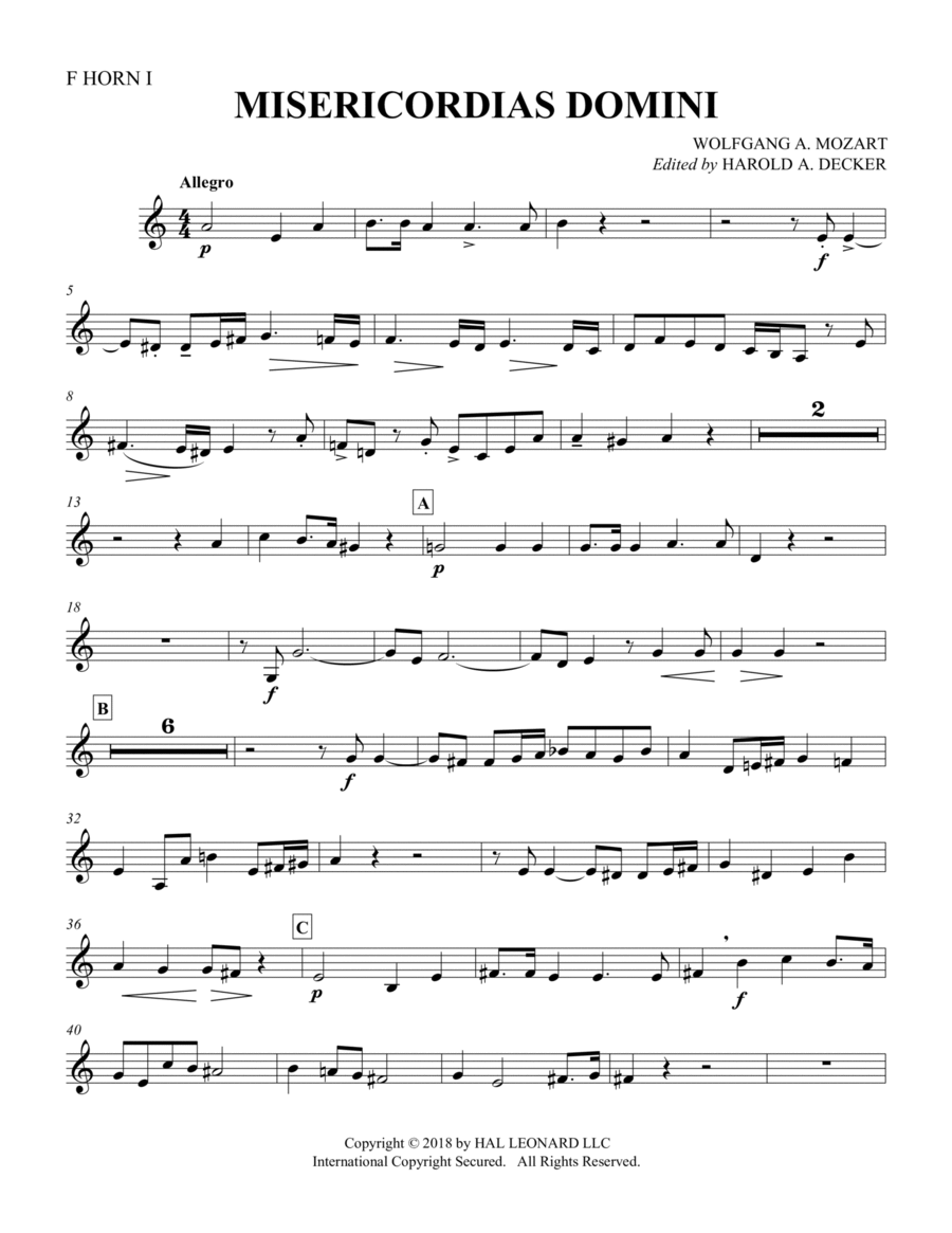 Misericordias Domini (arr. Harold Decker) - Horn 1 in F Choir scores gallery preview page 1