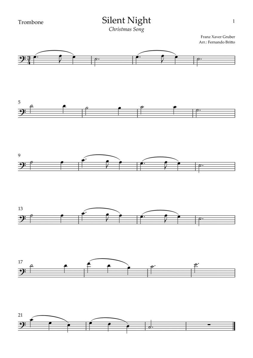 Silent Night (Christmas Song) for Trombone Solo (C Major)