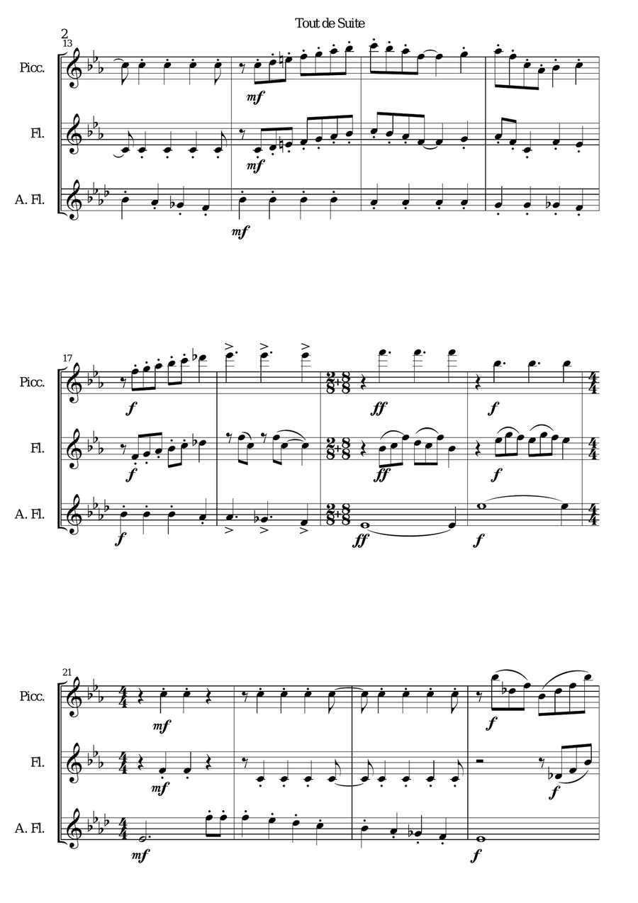 Tout de Suite (or Toot Sweet) for piccolo, flute and alto flute Woodwind Duet scores gallery preview page 2