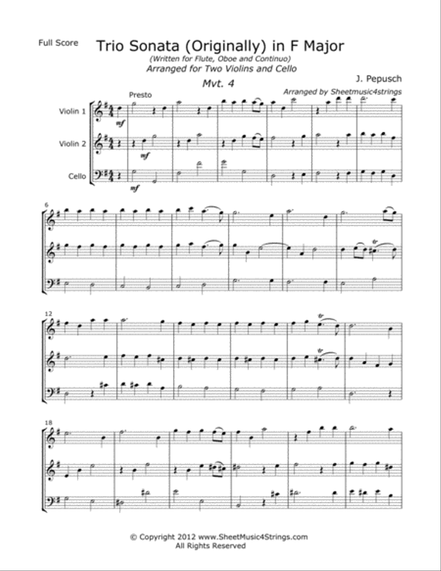 Pepusch, J. - Trio Sonata in F (Mvt. 4) for Two Violins and Cello String Trio scores gallery preview page 1