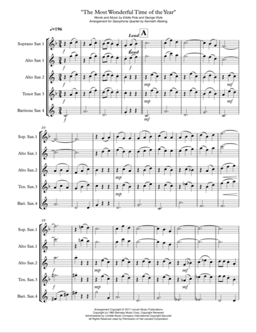 The Most Wonderful Time Of The Year Saxophone Quartet scores gallery preview page 2