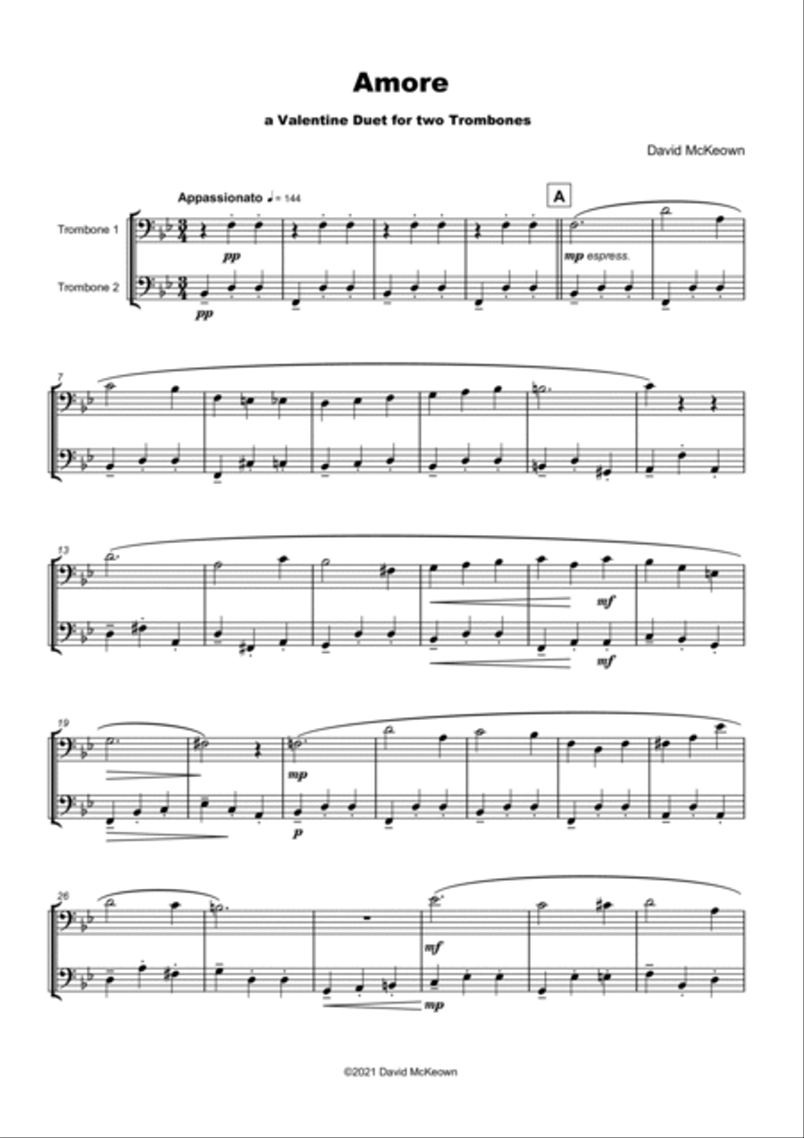 Amore, (Italian for Love), Trombone Duet Trombone Duet scores gallery preview page 2