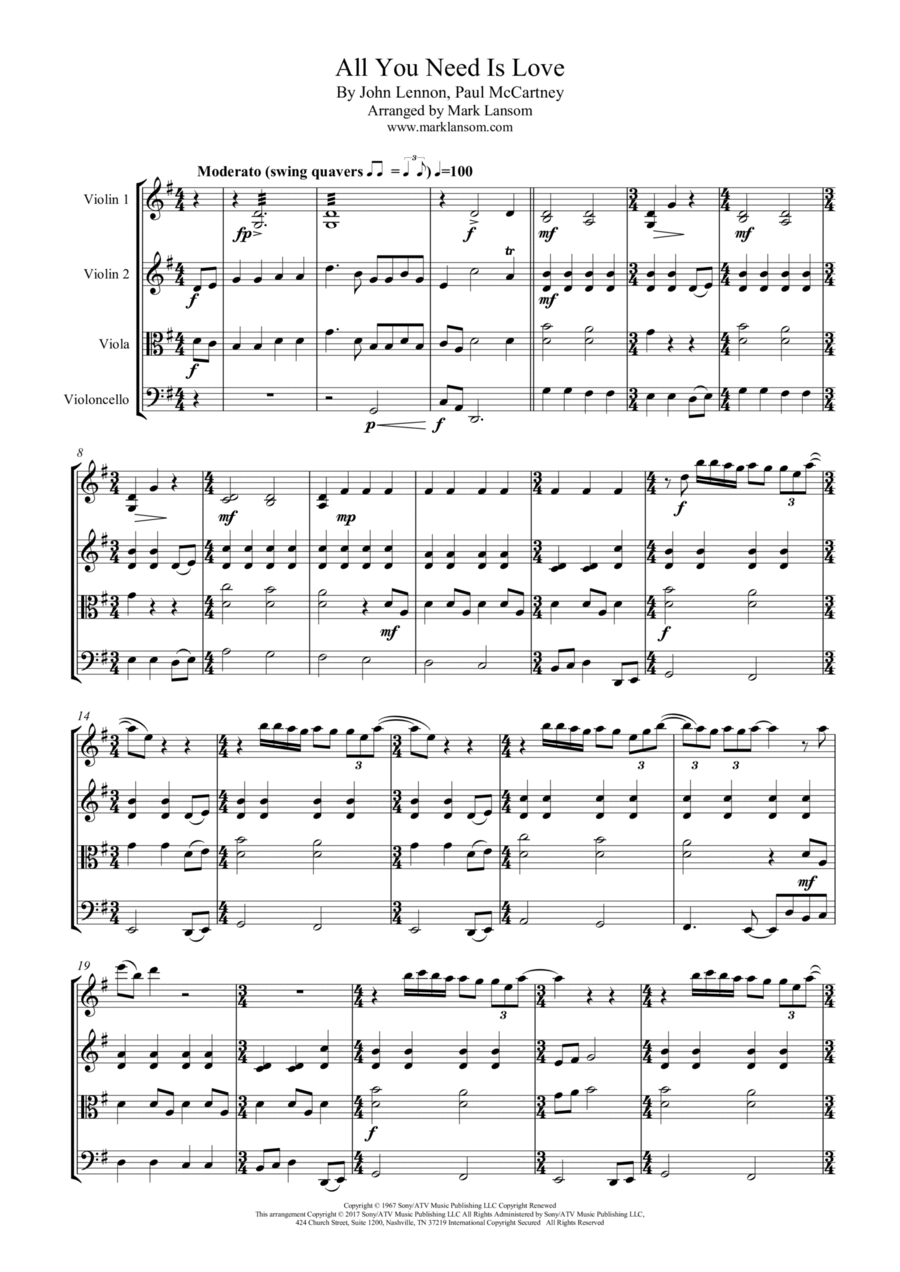 All You Need Is Love All You Need Is Love String Quartet scores gallery preview page 1
