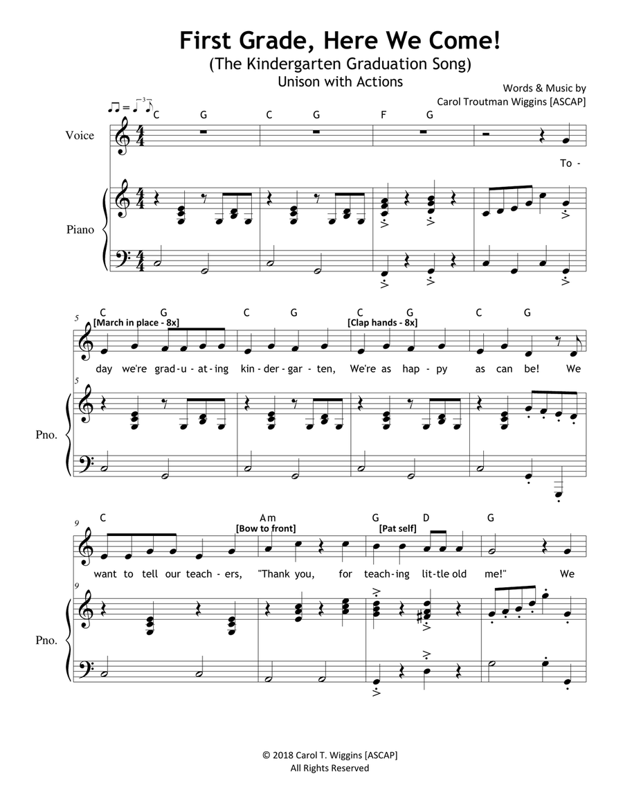 First Grade, Here We Come! (The Kindergarten Graduation Song) Unison Choir scores gallery preview page 1