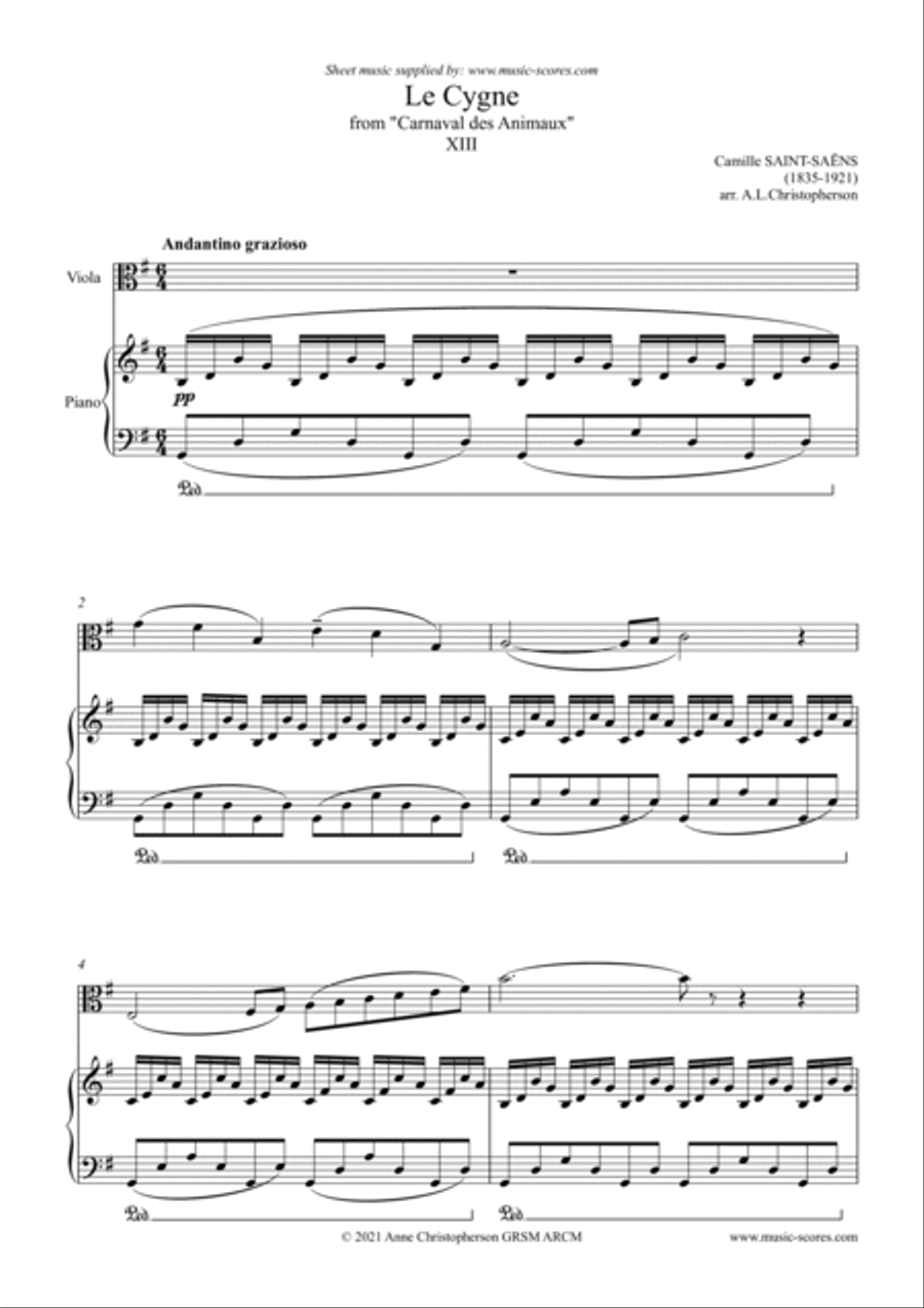 The Swan, or Le Cygne Viola and Piano by Camille SaintSaens Piano