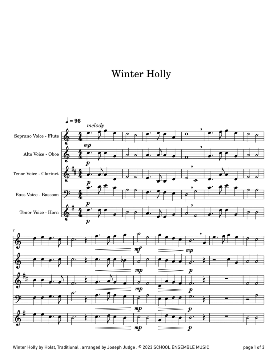 Winter Holly for Woodwind Quartet in Schools Woodwind Quartet scores gallery preview page 1