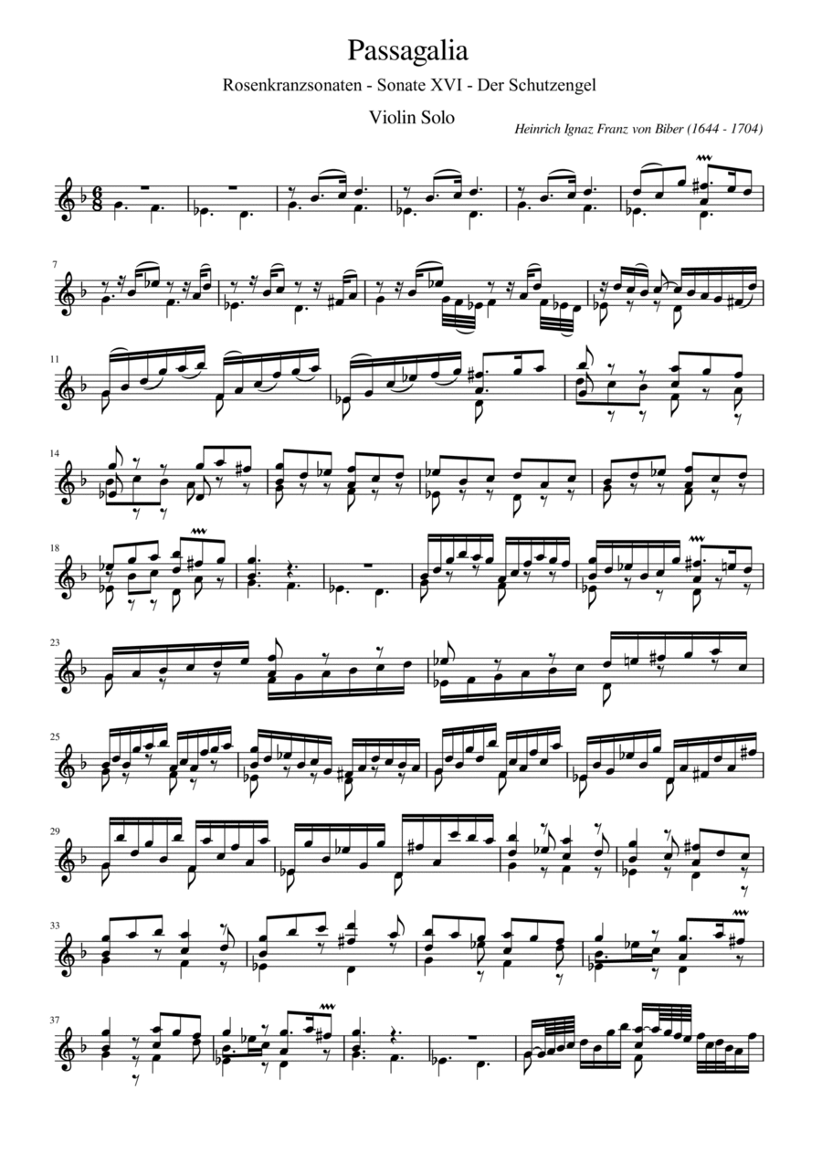 Biber - Der Glorreiche Rosenkranz, Passagalia for Solo Violin in G Minor - Original Violin Solo scores gallery preview page 1