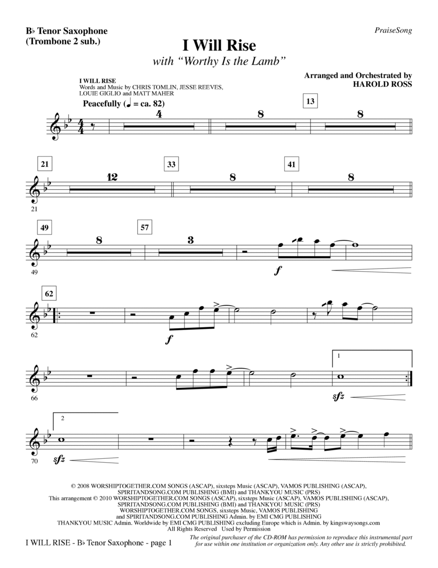 I Will Rise (with Worthy Is The Lamb) - Tenor Sax (sub. Tbn 2) Choir scores gallery preview page 1