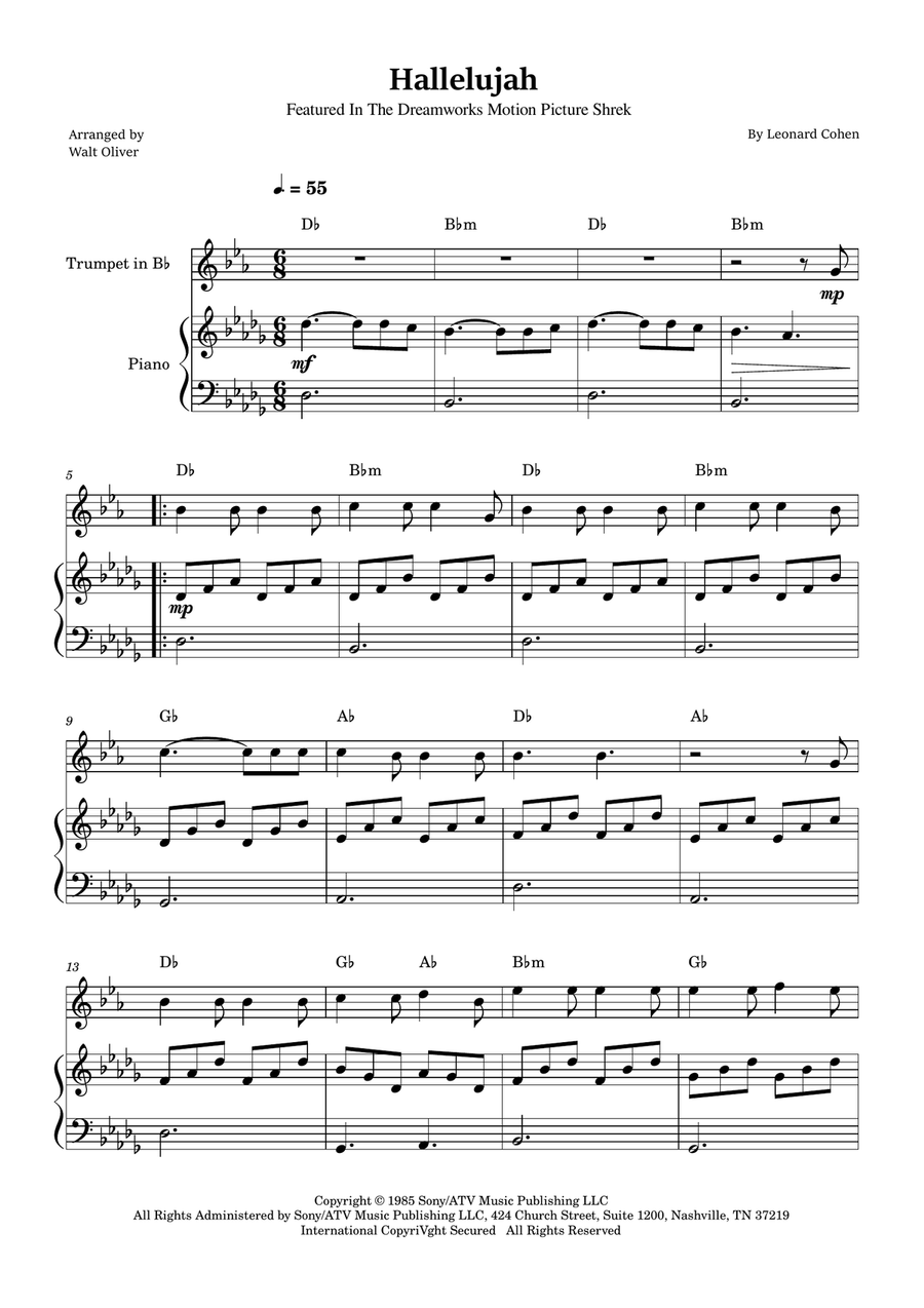 Hallelujah B-Flat Trumpet scores gallery preview page 1