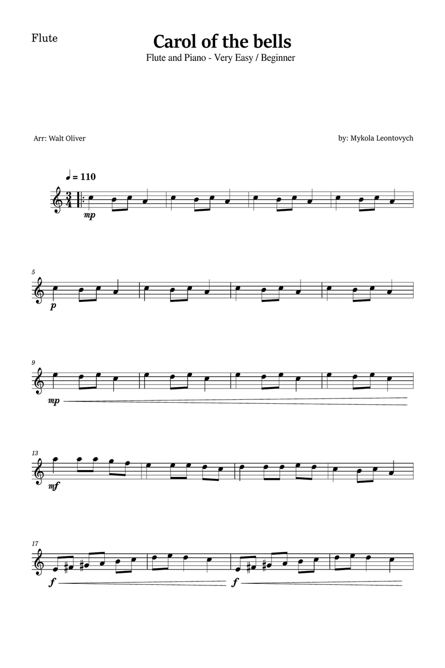 Carol of the Bells for Flute and Piano (Very Easy - Beginner) in A minor Flute scores gallery preview page 4