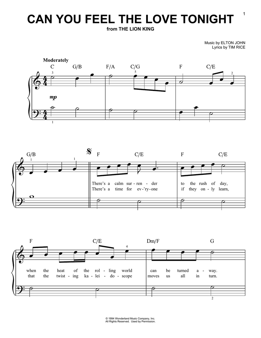 Can You Feel The Love Tonight (from The Lion King) Can You Feel The Love Tonight (from The Lion King) Easy Piano scores gallery preview page 1