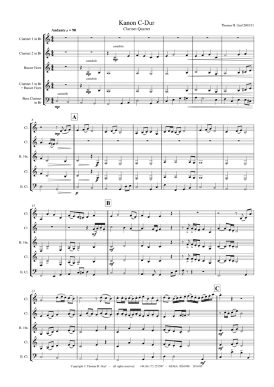 Canon C-Major, Kanon C-Dur, Clarinet Quartet Clarinet Quartet scores gallery preview page 1