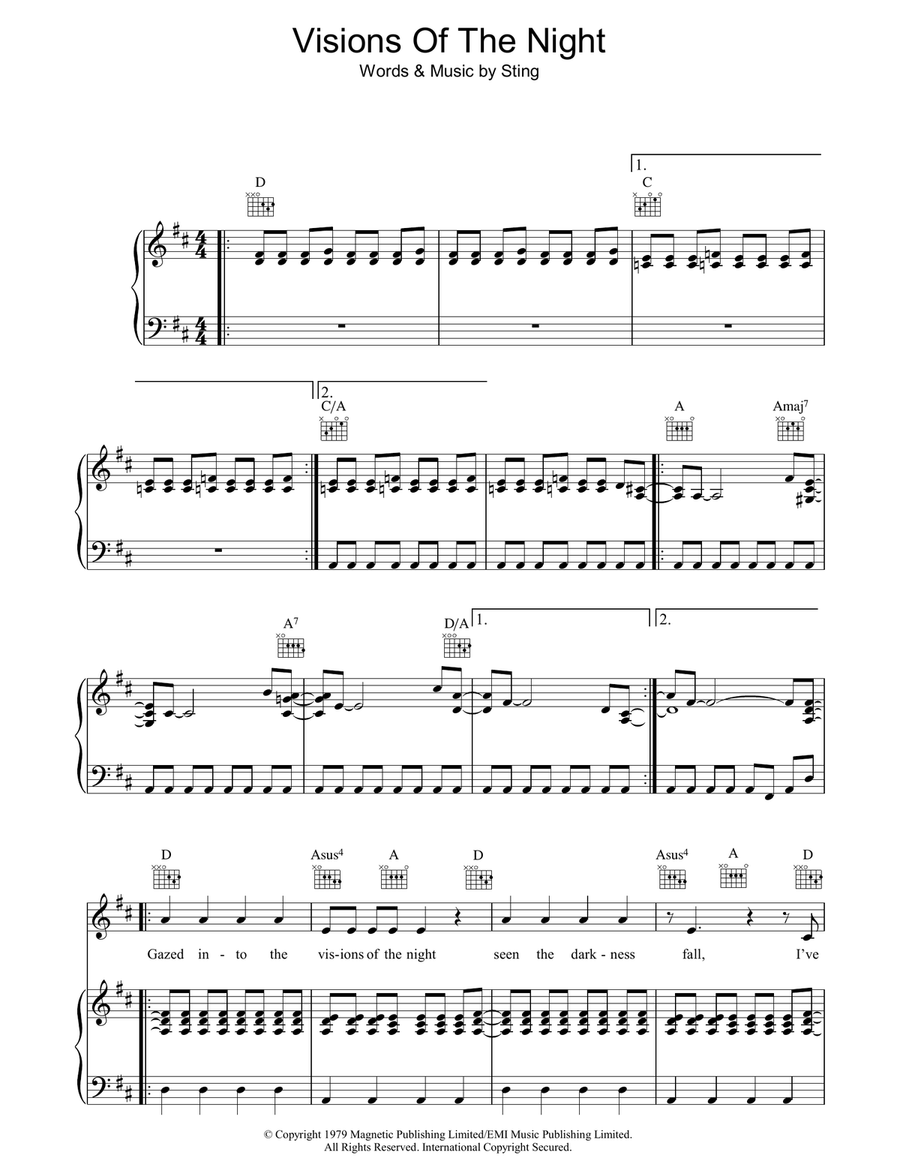 Visions Of The Night Piano, Vocal, Guitar scores gallery preview page 1