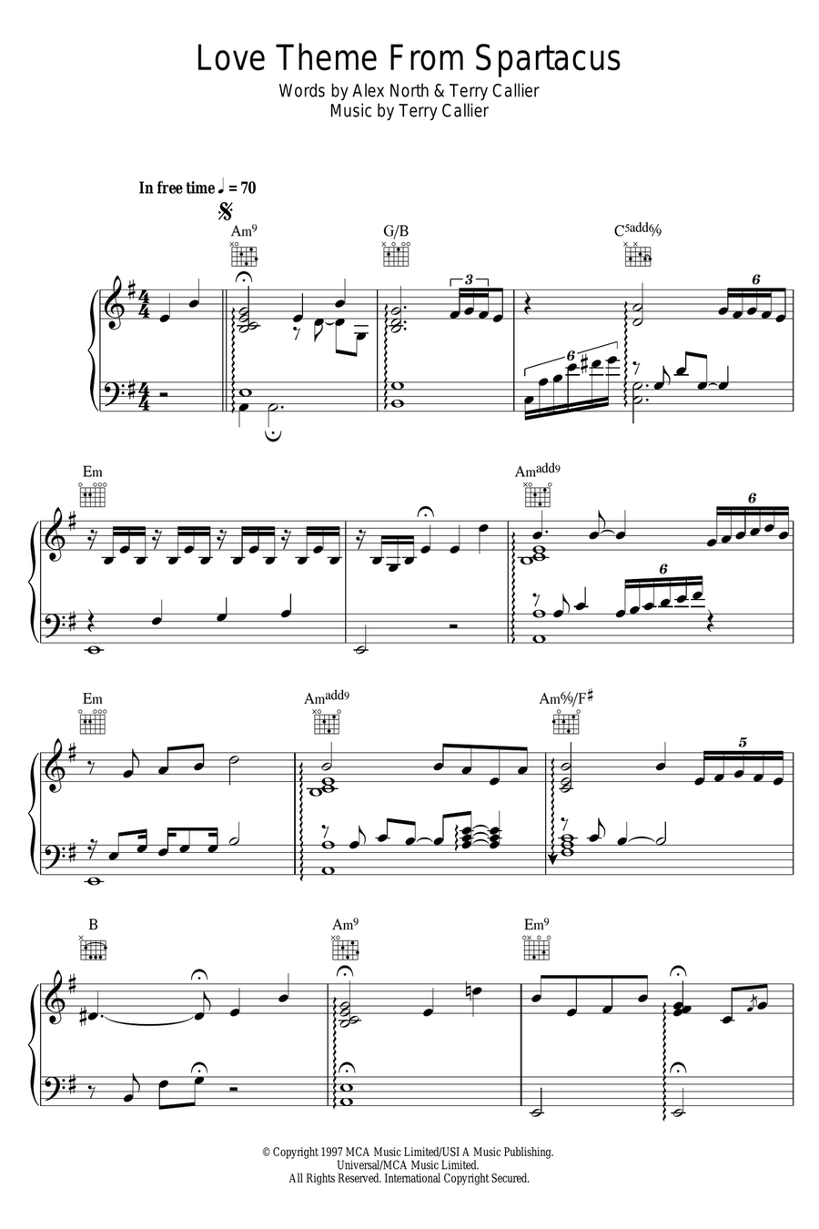 Love Theme From Spartacus Piano, Vocal scores gallery preview page 1
