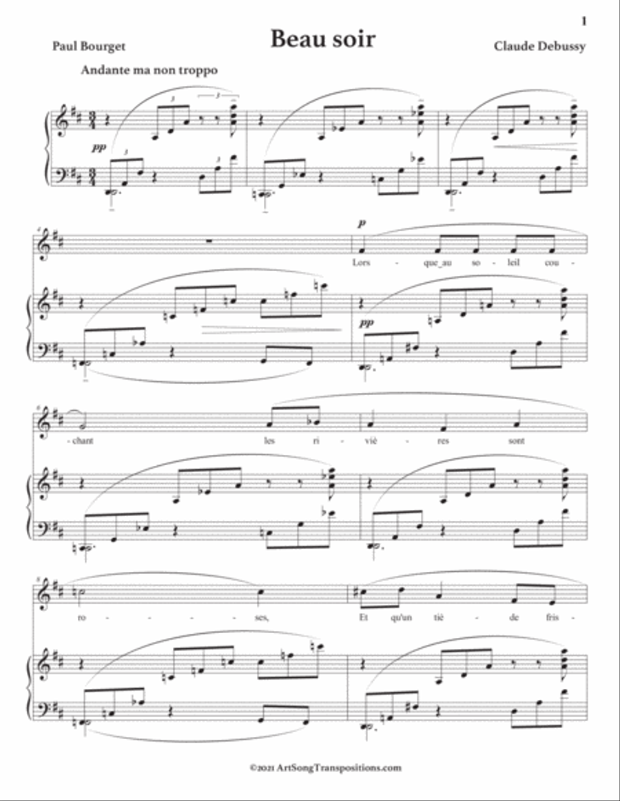 DEBUSSY: Beau soir (transposed to D major) Voice scores gallery preview page 2