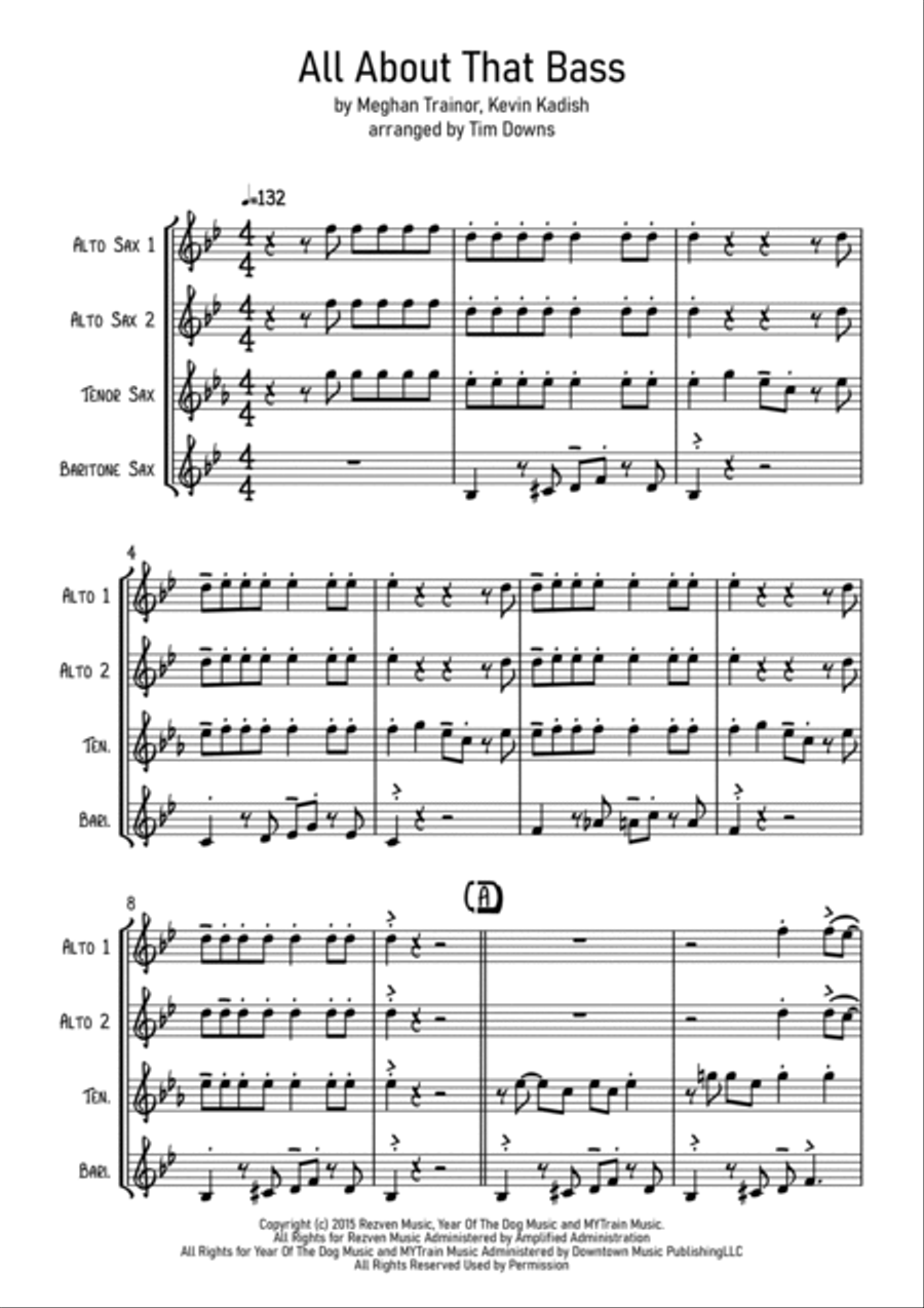 All About That Bass Saxophone Quartet scores gallery preview page 2