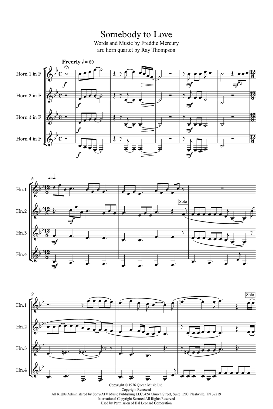 Somebody To Love Brass Quartet scores gallery preview page 1