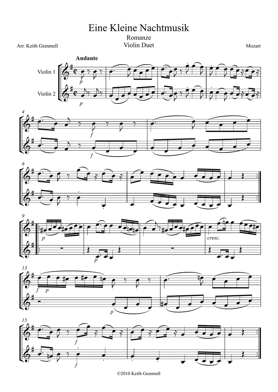 Eine Kleine Nachtmusik – Romanze: Violin Duet String Orchestra scores gallery preview page 1