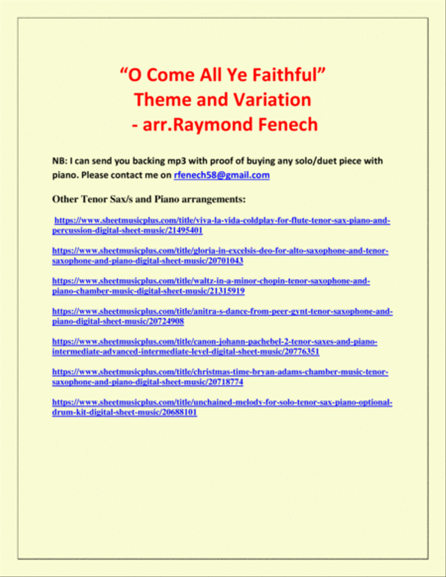 O Come All Ye Faithful (Adeste Fidelis) - Theme and Variation for Tenor Sax and Piano - Advanced Lev Tenor Saxophone scores gallery preview page 3