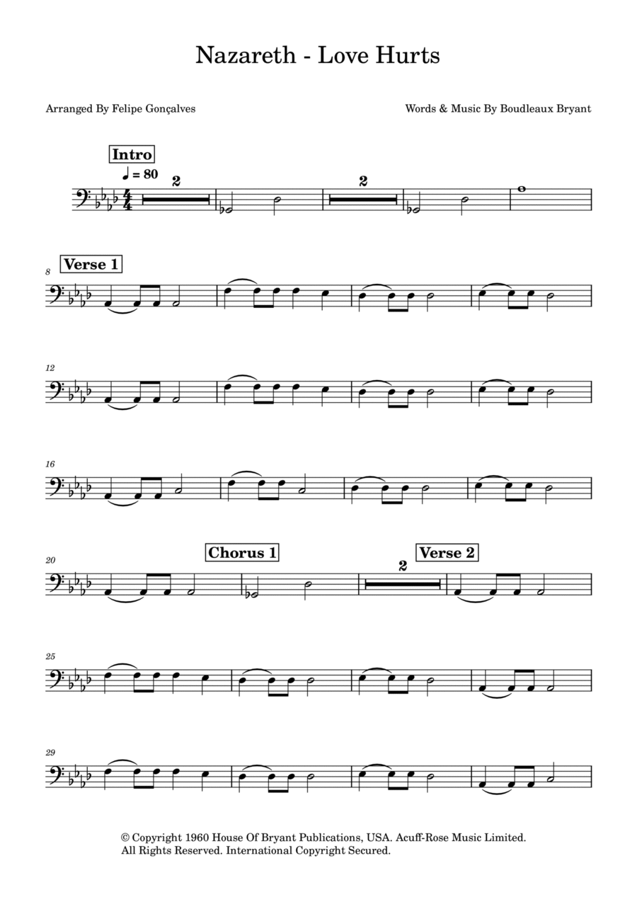 Love Hurts Bass Guitar scores gallery preview page 1