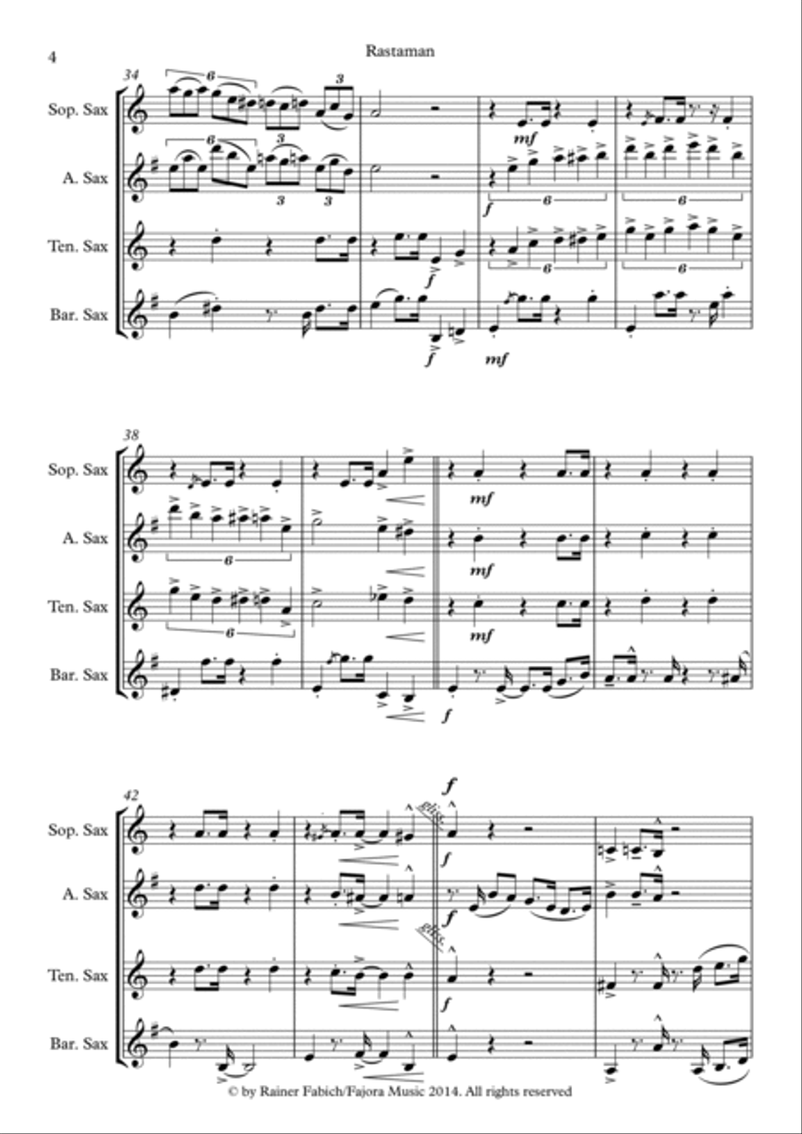 Rastaman from Five Sax Reggaes Woodwind Quartet scores gallery preview page 5