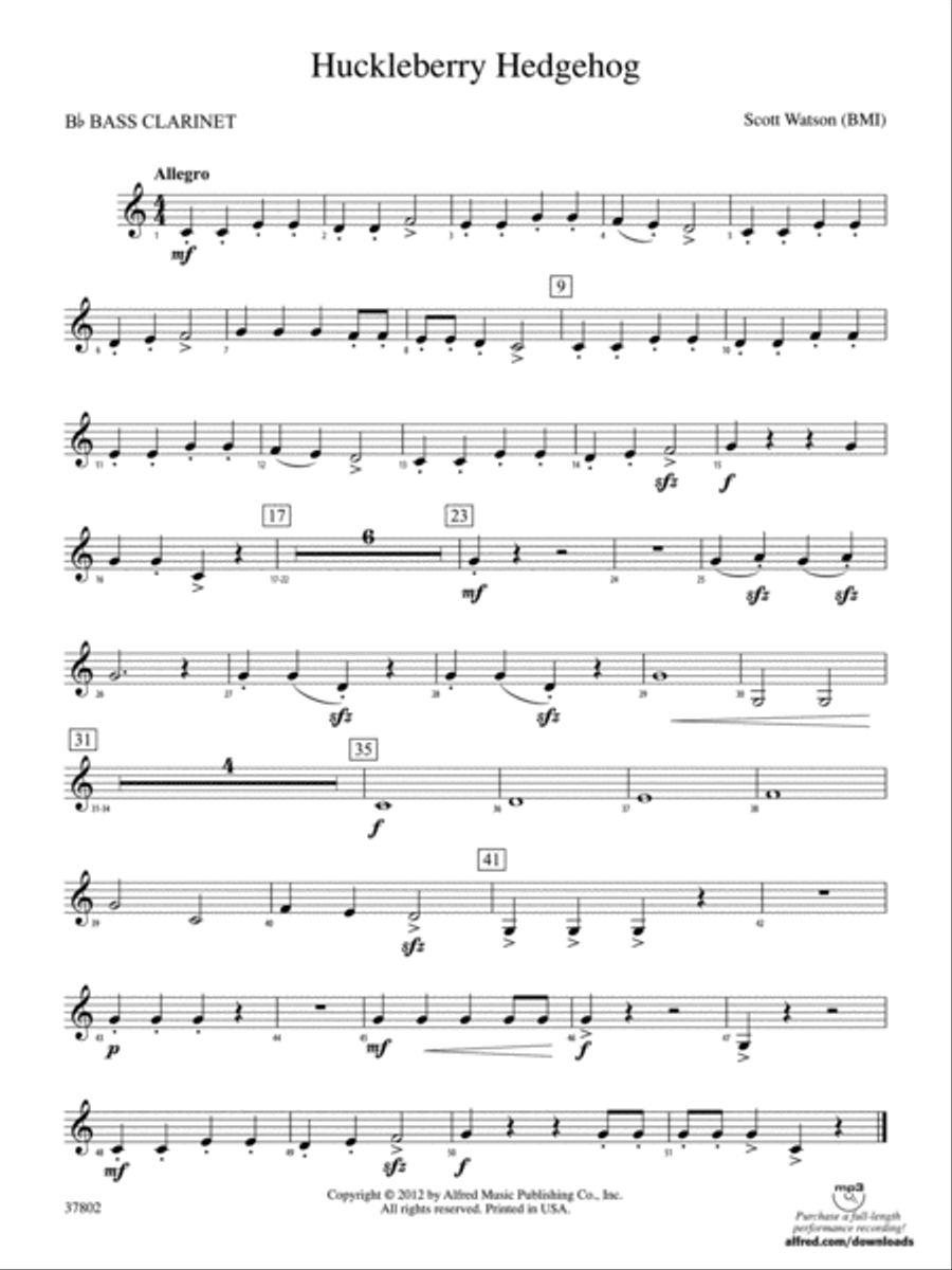 Huckleberry Hedgehog: B-flat Bass Clarinet Concert Band scores gallery preview page 1