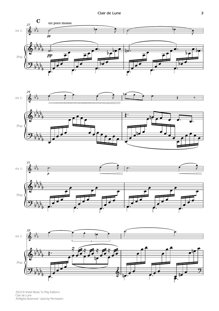 Clair de Lune by Debussy - Bb Clarinet and Piano (Full Score and Parts) B-Flat Clarinet scores gallery preview page 4
