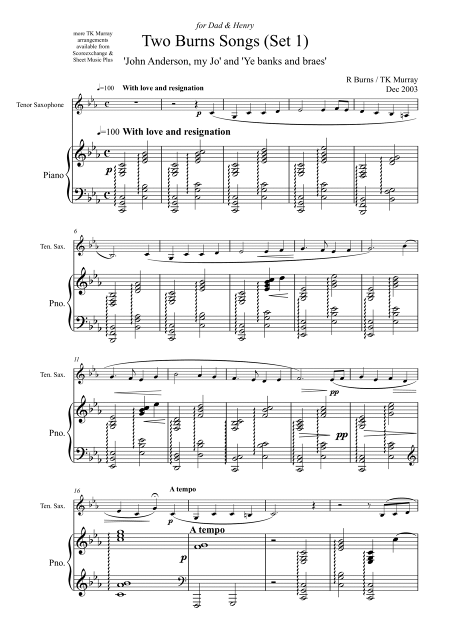 Burns Songs - Set 1 - Tenor Saxophone & Piano - TK Murray Tenor Saxophone scores gallery preview page 1
