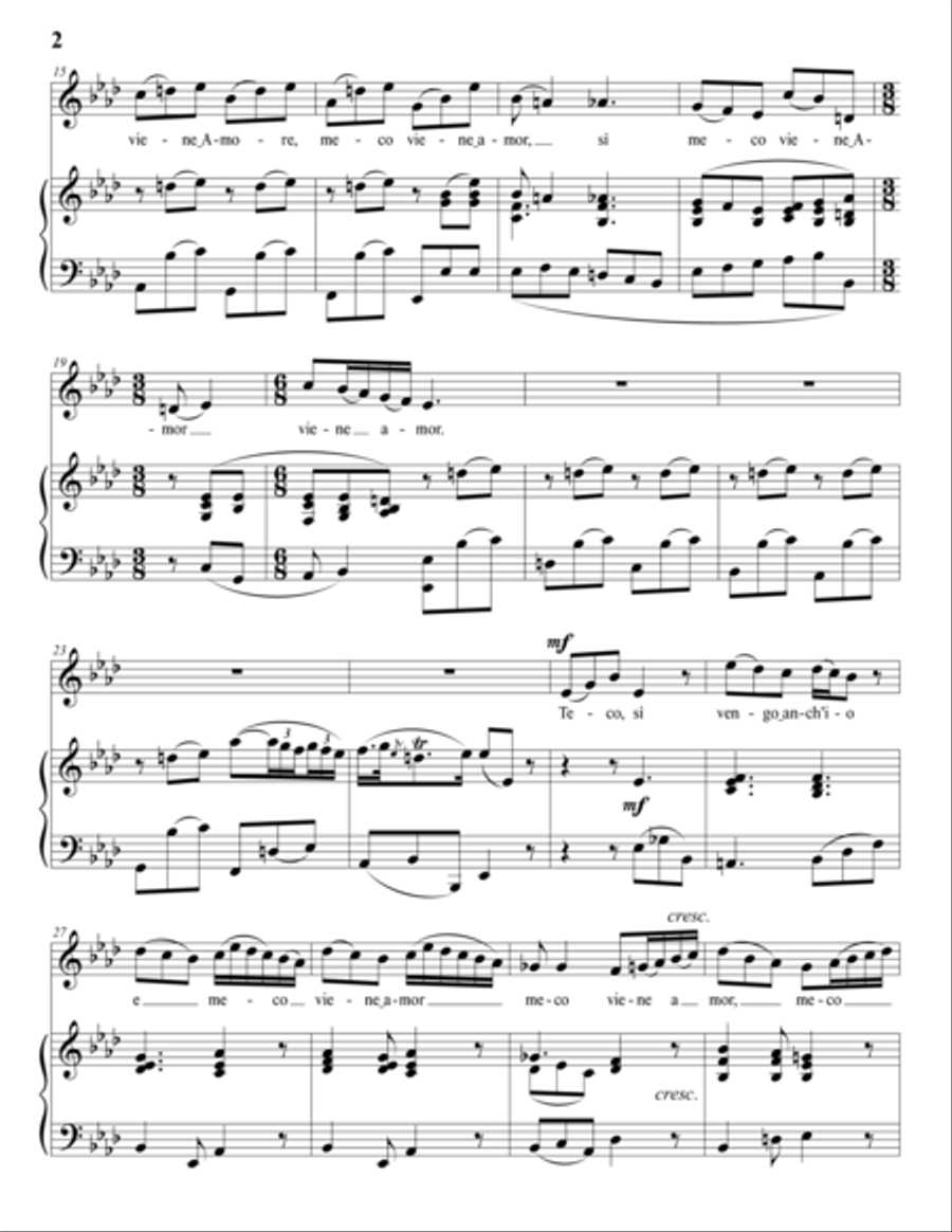 VINCI: Teco, sì, vengo anch'io (transposed to A-flat major) Voice scores gallery preview page 3