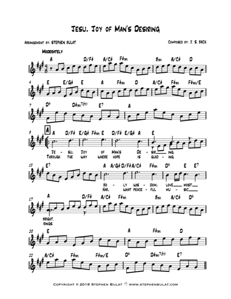 Jesu, Joy of Man's Desiring (Bach) - Lead sheet (key of A)