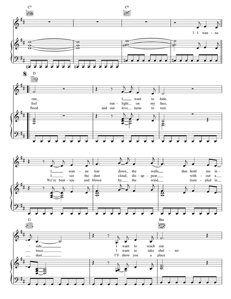 Where The Streets Have No Name Piano, Vocal, Guitar scores gallery preview page 3