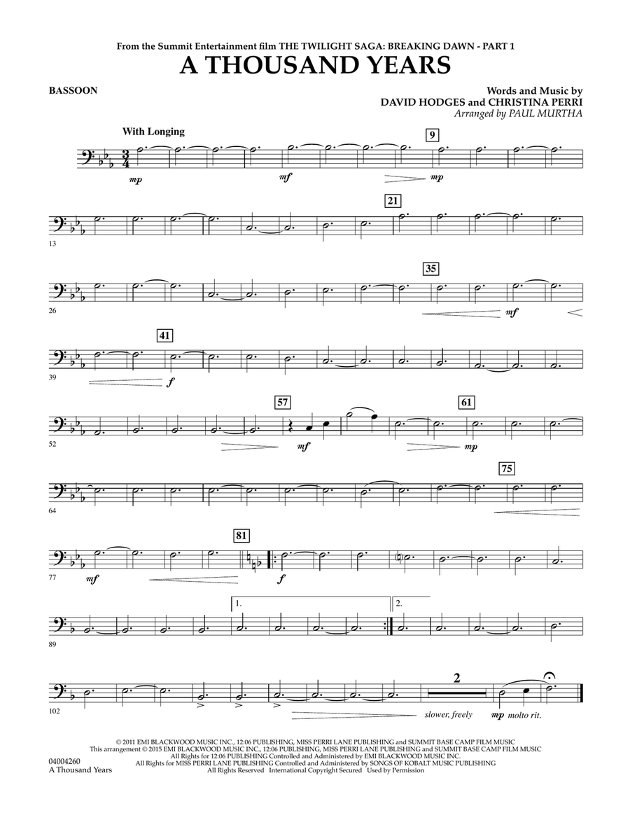 A Thousand Years (from The Twilight Saga: Breaking Dawn, Part 1) - Bassoon Concert Band scores gallery preview page 1
