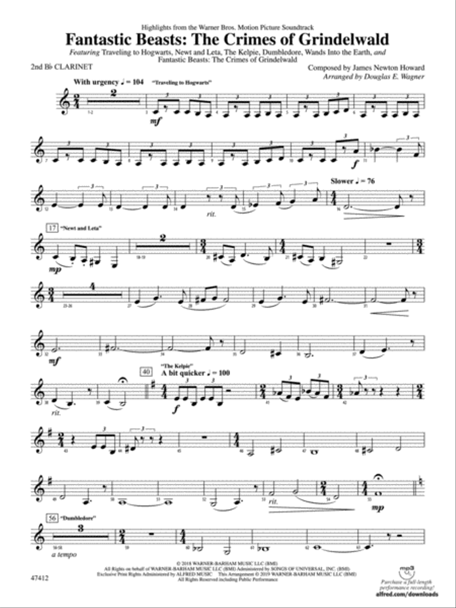 Fantastic Beasts: The Crimes of Grindelwald: 2nd B-flat Clarinet Concert Band scores gallery preview page 1