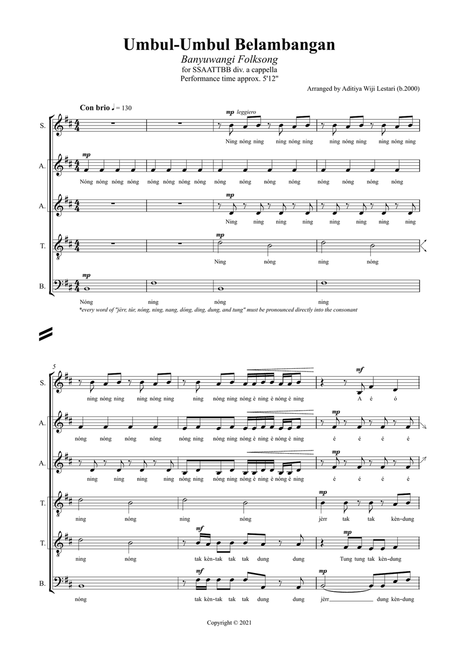 Umbul-Umbul Belambangan - Banyuwangi Folksong 4-Part scores gallery preview page 1